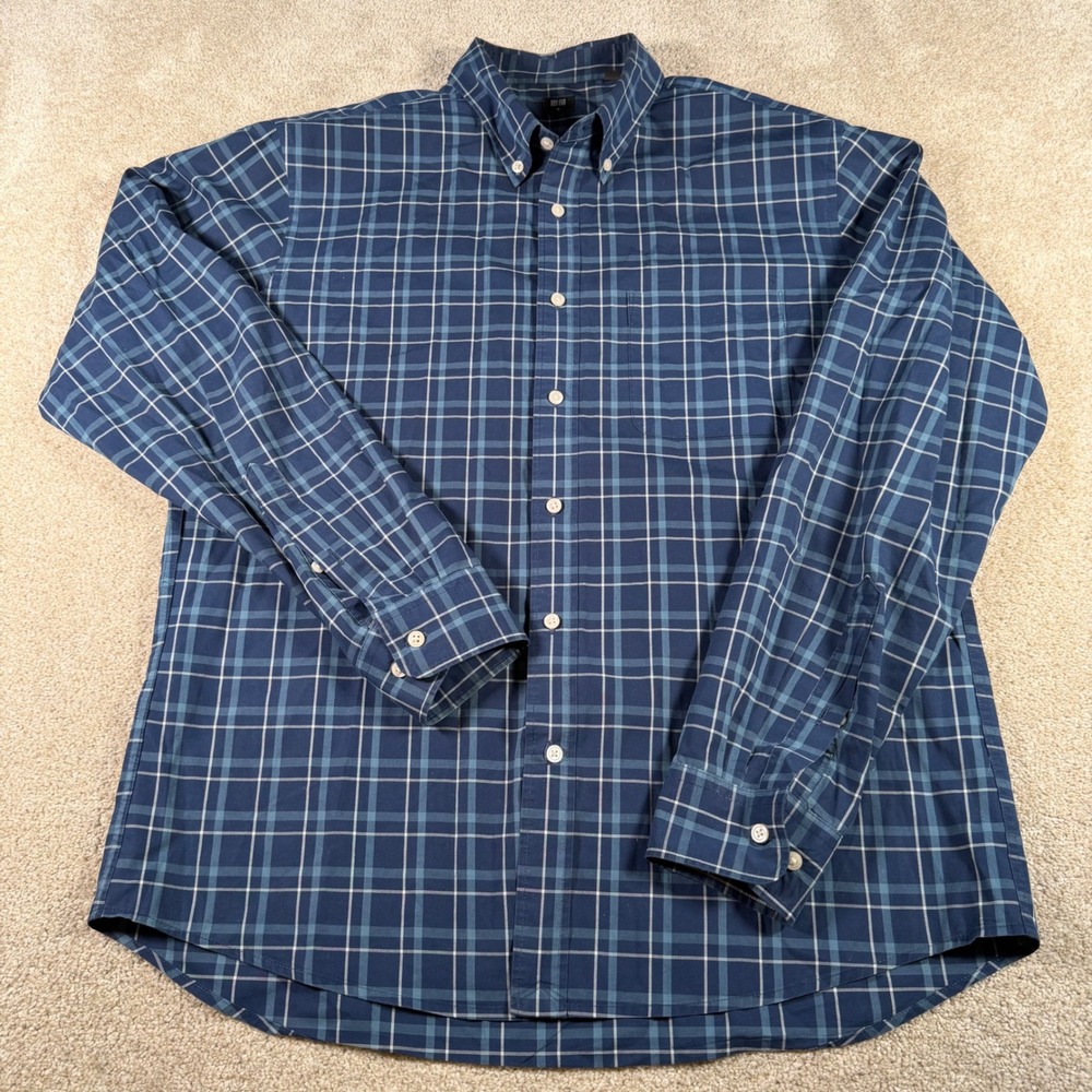 Uniqlo Button Down Shirt Mens Size M Blue Plaid Long Sleeve Cotton Lightweight
